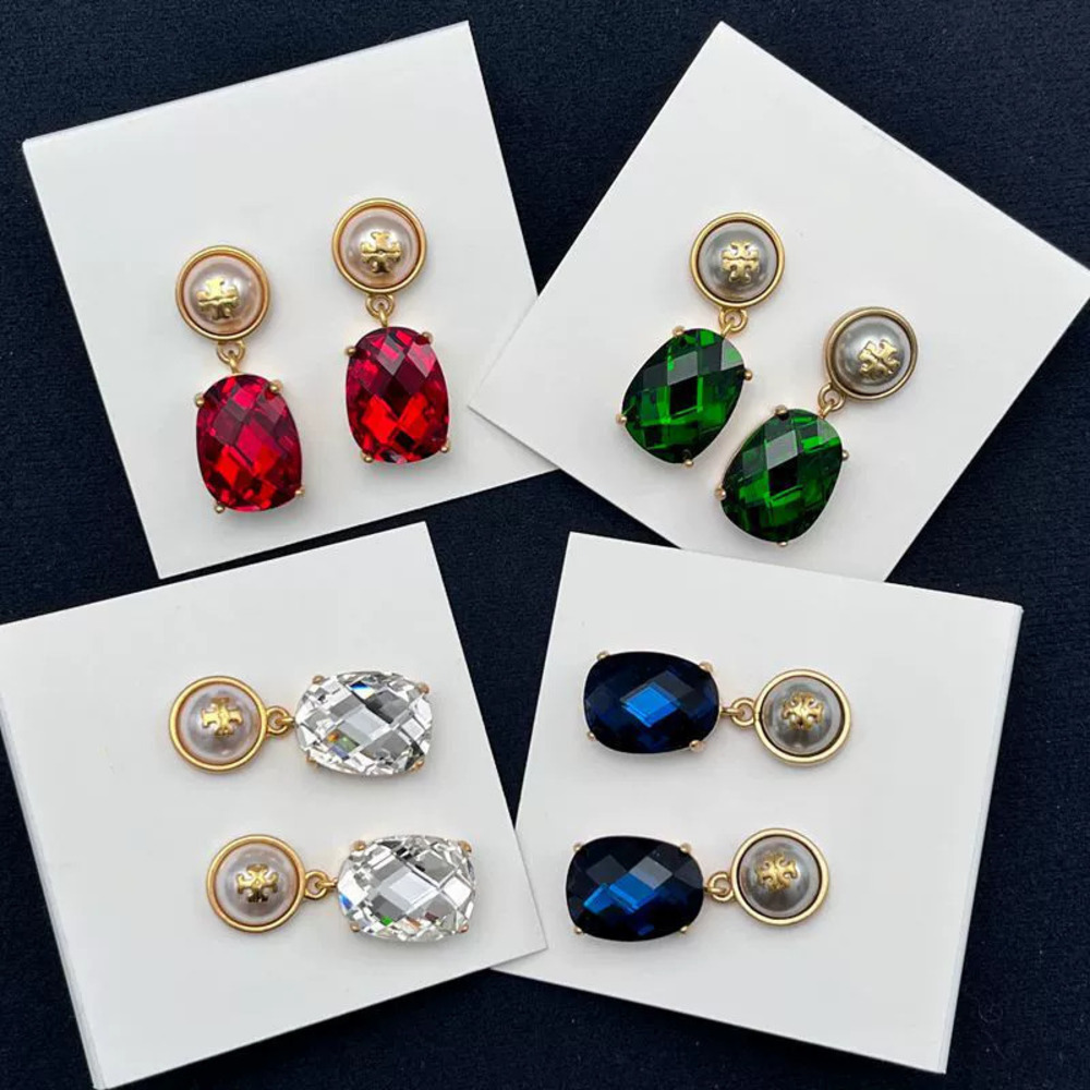 Tory Burch Gold Plated Copper Double Drop Earrings Colorful Zircon Geometric